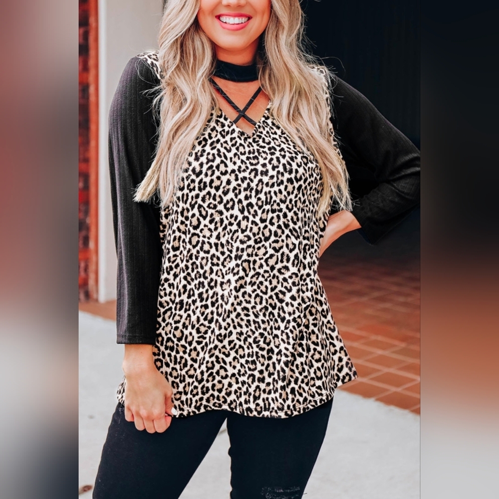 New With Tags Leopard Choker Crisscross Neckline Long Sleeve Top